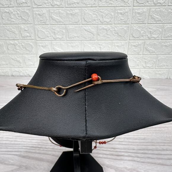 Handmade Copper Boho Choker Necklace Multi-layered w/ Red Wood Beads Hook Clasp - Picture 3 of 6